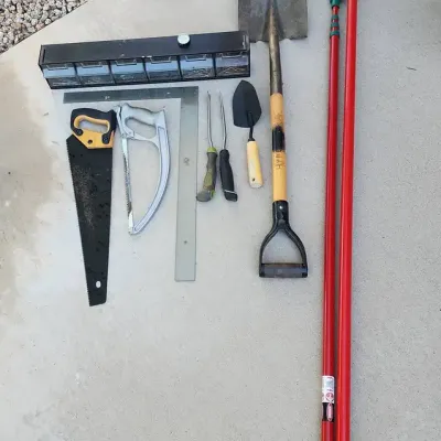 Hand Tools - Fruit Picker, Shovels, 2 Hand Saws, Square, Black Plastic Storage 6 Bin, 