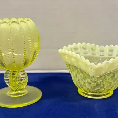 VTG Fenton Yellow Opalescent Vaseline Glass Decor - Basket Bowl, Rose Bowl Cup