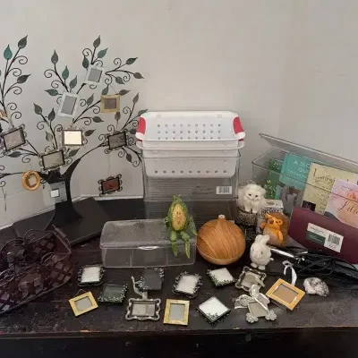 Family Knickknack - 25 Mini Picture Frames, Family Tree, Storage Bins, Curling Iron, Short Books, Li