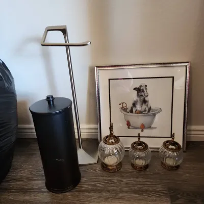 Bathroom Necessities - Countertop Storage Glass Cannisters, Silver TP Holder, Black TP Storage, Cow 