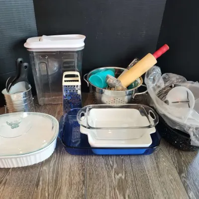 Baking & Cookware - Corning Ware Lidded Casserole, Blue Pyrex, Strainer, Sifter, Rolling Pin