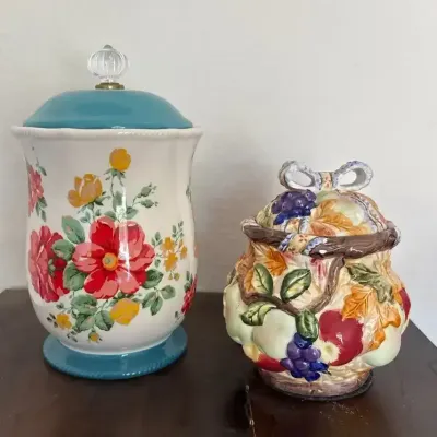 2 Cottagecore Lidded Jars - Pioneer Woman Blossom Jubilee Canister & Fruit Basket Jar