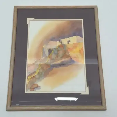 Vintage Southwest Pueblo Fine Art - Signed Eric ‘91, Oak Framed & Matted, 17”x21”