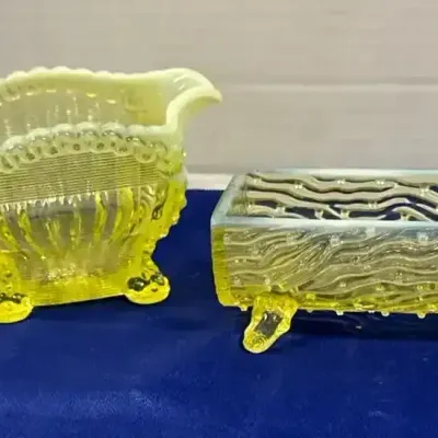 Northwood "Alaska" Yellow Opaque Vaseline / Uranium Glass Decor - Log Dish, Square Pitcher