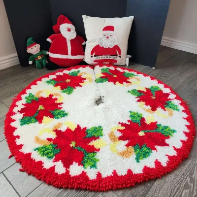 Christmas Decor - Handmade Poinsettia Yarn Tree Skirt, Santa & Elf Plushes, Santa Pillow