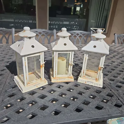 White Distressed Metal & Glass Pillar Lanterns - 3