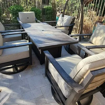7 Piece Conversation Patio Set With Fire pit - 6 Padded Swivel Chairs, Propane Fire pit In Table