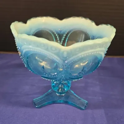 Antique Jefferson Glass Blue Opalescent Beaded Fleur-de-Lis Footed Bowl