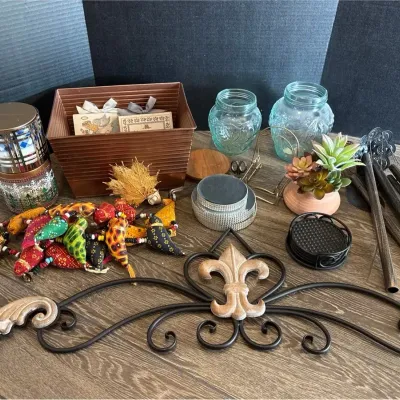 Home Decor - Wrought Iron Fleur-de-Lis Plaque, Rooster Wind Chime, Mirror Risers, Bird Garland