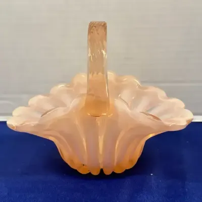Vintage Fenton "Peach Crest" Pink Melon  Glass Basket Candy Dish w/ Handle - Ribbed Edge, Milk Glass