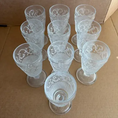 Vintage Embossed Glass Goblets - Set of 10 Clear Floral Scroll Pattern Footed Drinking Glasses