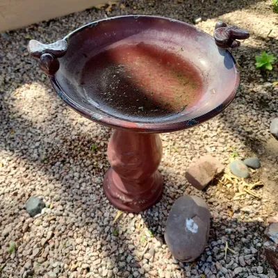 Red Painted Birdbath, Ceramic, Removable Top For Easy Cleaning, Bird Finial Accents