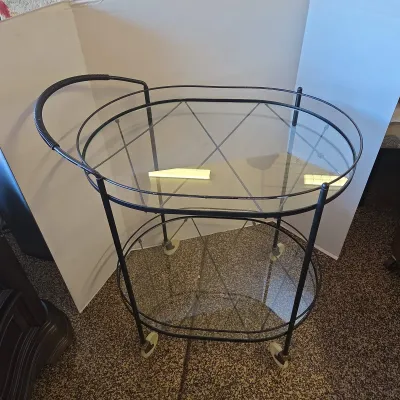 Vintage Mid-century Modern Oval Black Lacquer and Glass Serving Bar Cart 