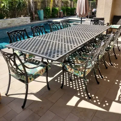 Large Outdoor Patio Dining Set - Black Metal, Floral Cushions, Woven Design Table, Converts 8 -16