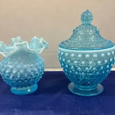 Vintage Fenton Blue Opalescent Hobnail Decor - Candy Dish, Short Vase
