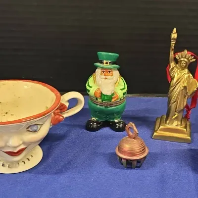 VTG Lipton Tea Winking Lady Cup, Wooden Russian Nesting Doll, Statue Of Liberty Ornament, Leprechaun