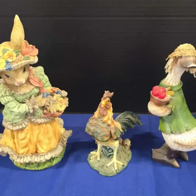 VTG Decorative Figurines - Easter Rabbit, Rooster & Duck W/ Straw Hat 