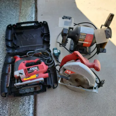 3 Power Tools - 6" Bench Grinder, 2.3 HP 12 Amp Skilsaw, Skil 5.0 Amp Orbital Jigsaw 