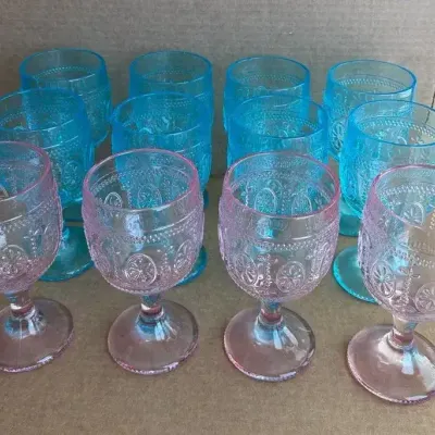 Colored Embossed Glass Goblets - Set of 12 Pink & Aqua Blue Vintage Style Floral Wine Water Glasses