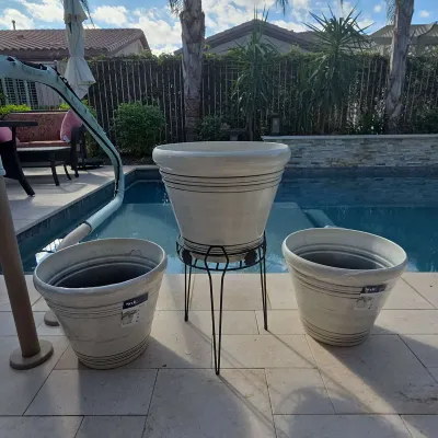 Style Selections Falerno White Resin Planters, Metal Plant Stand