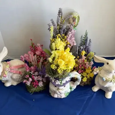 Easter Bunny Decor Lot - Ceramic Rabbit Figurines, Floral Pitcher Vase & Artificial Spring Flower Ar