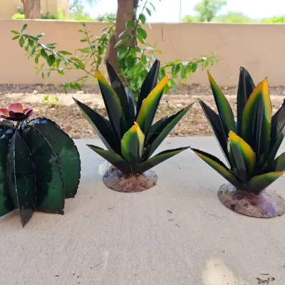 3 Outdoor Metal Art Plant Pieces - 2 Green Agave Metal Plants, 1 Metal Barrel Cactus