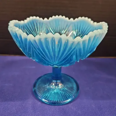 Antique Blue Pearline Glass "Victoria and Albert" Pedestal/Footed Bowl