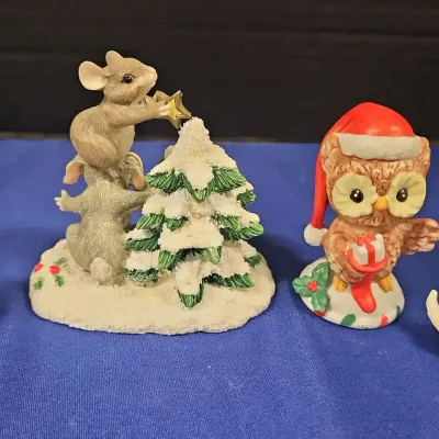 4 Adorable Mini Christmas Holiday Figurines - Puppy, Owl