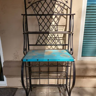 Metal Baker's Rack, Black Finish, Teal Wood Counter, 2 Upper Shelves, Wine Storage, 2 Bottom Shelves