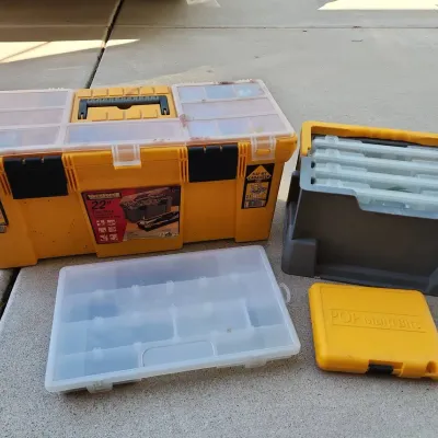 Tool Box & 3 Hardware Storage Boxes - 22" Yellow Workforce Toolbox, Gray Multi-Unit Storage Box, 
