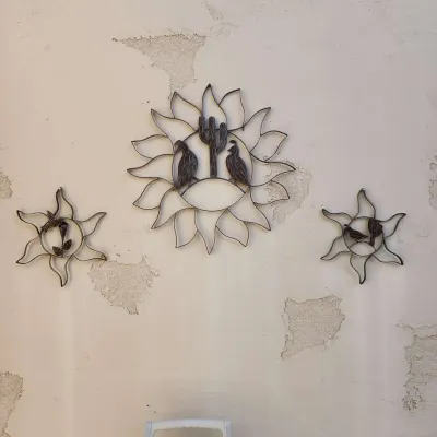 3 Outdoor Metal Wall Art - Hummingbird & Flower, Suns, 1 Large Sun Quail & Saguaro Cactus Piece