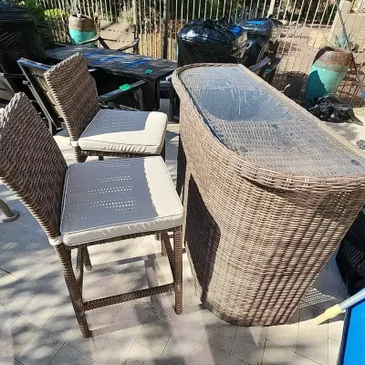 3 Piece Rattan Outdoor Bar Set - 2 Bar Height Chairs With Seat Cushions, Glass Top On Bar, 2 Shelf