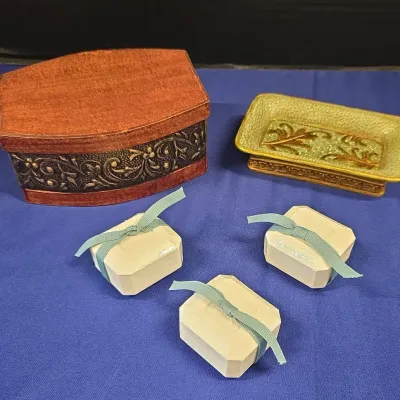 Hand-Carved Wooden Trinket Box W/ Floral Scrollwork Band, Soap Dish & 3 Soaps