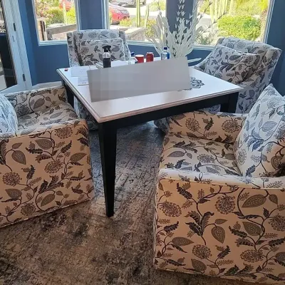 4 Matching White Ballard Designs Chairs, Blue Paisley Print Fabric, Swivel & Rock, With 4 Pillows