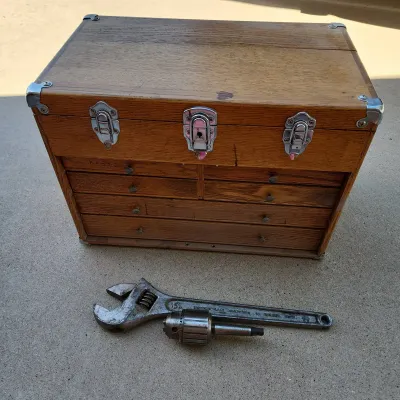 Vintage Wooden Tool Chest - 6 Velvet Lined Drawers, Diamond Call Horseshoe Co Wrench, Drill Chuck 