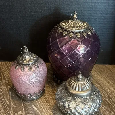 3 Bohemian Glass Light Up Lantern Jars - Purple, Pink & Silver, Battery Operated
