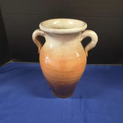 Antique Two-Handled Glazed Ceramic Vessel W/ Tan & Brown Gradiant 