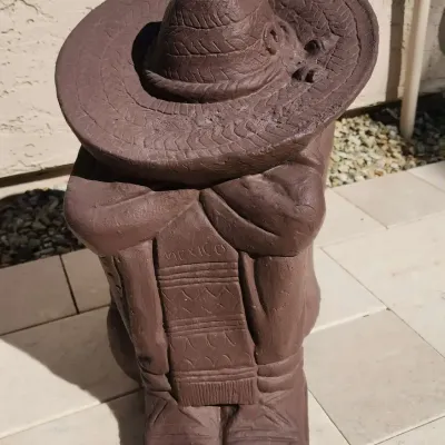 "Sleeping Mexican" Concrete Figure, Brown Painted, Wearing Sombrero, 16" Tall