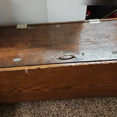 Vintage Wooden Storage Chest, Wheeled, Rolls, Medium Tone Wood, Hinged Lid, Scalloped Sides