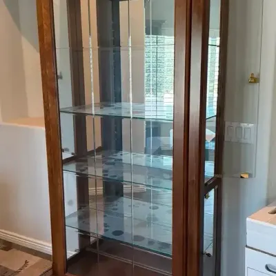Traditional Wood Curio Cabinet - Lit Display Case, Side Openings, Ridged Plate Shelves, Mirrored