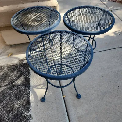 3 Matching Black Metal Patio Side Tables, Wired Mesh Tops, Plant Stands