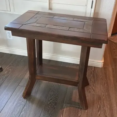 Rustic Wood End Table - Natural Slate Stone Tile Inlay Top, Lower Display Shelf, Accent Side Table