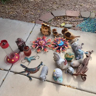 Outdoor Decor - Wall Art Suns, Resin Animals, Welcome Birds, Feeder, Lantern