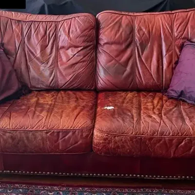Vintage Red Leather Sofa With Rolled Arms