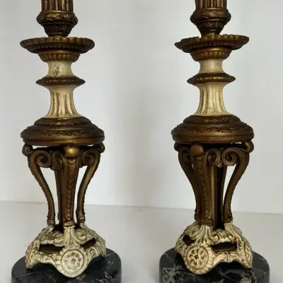 Vintage Ornate Candlestick Holders With Black Marble Bases - Pair