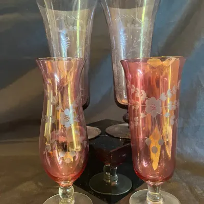 4 Vintage Etched Floral Glass Hurricane Vases
