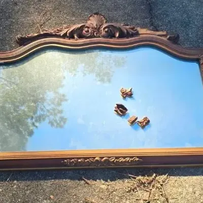 Vintage 3-Panel Mantel Mirror – Ornate Wood & Gesso Frame