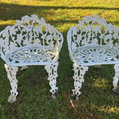 Pair of White Cast Iron Grape & Vine Garden Chairs