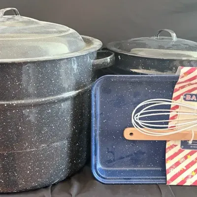 Granite Ware Water Bath Canner And Other Assorted Enamel Coated Kitchen Ware