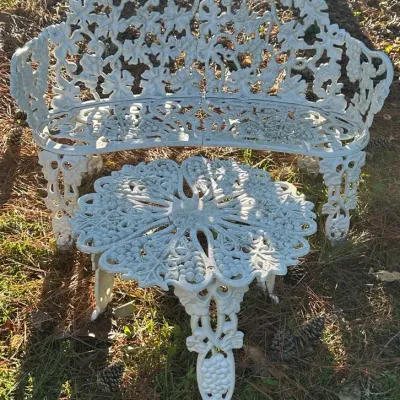 White Cast Iron Grape & Vine Garden Bench With Matching Table